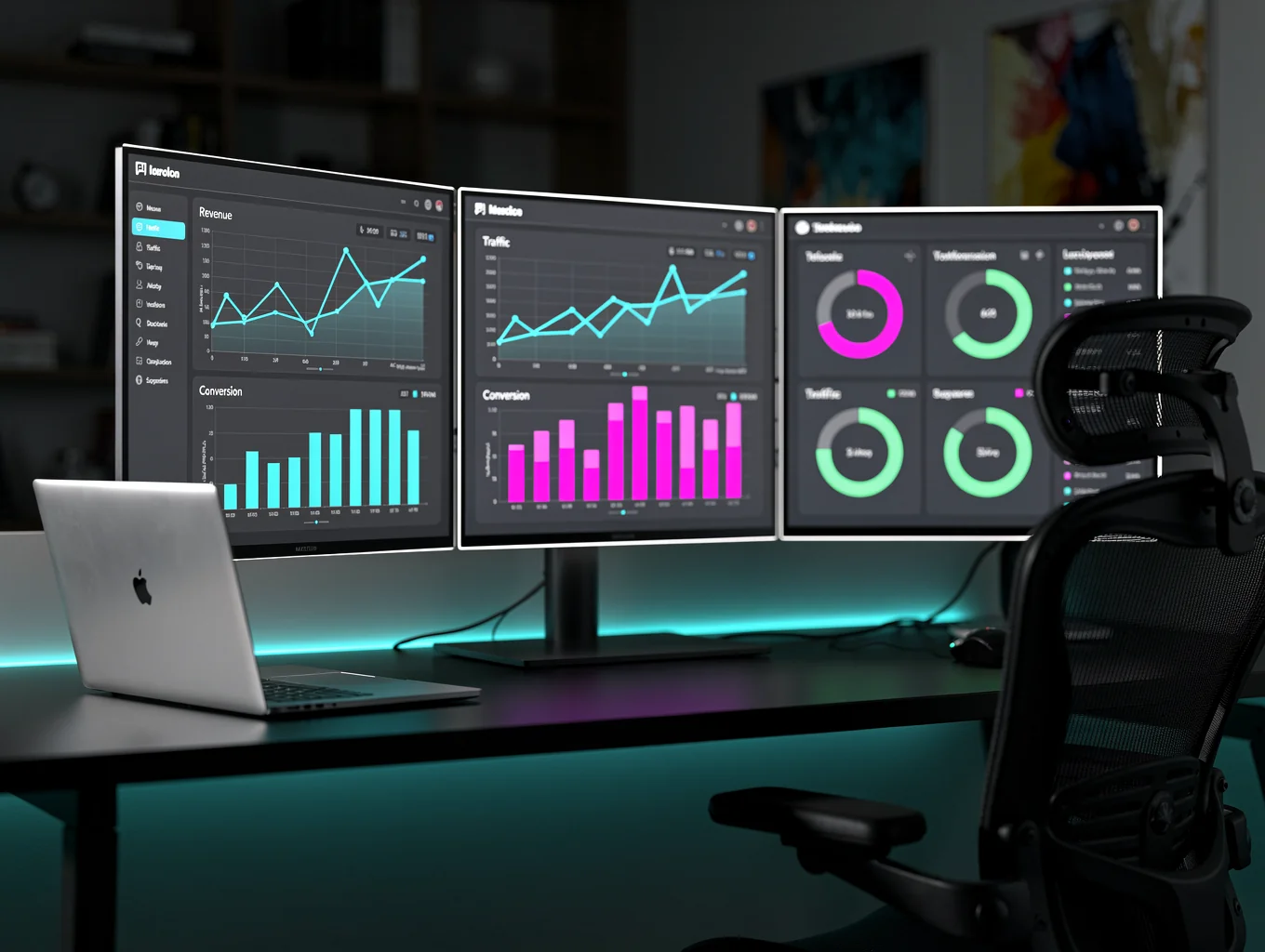 Real-time analytics data dashboard displayed on an executive multi-monitor workstation