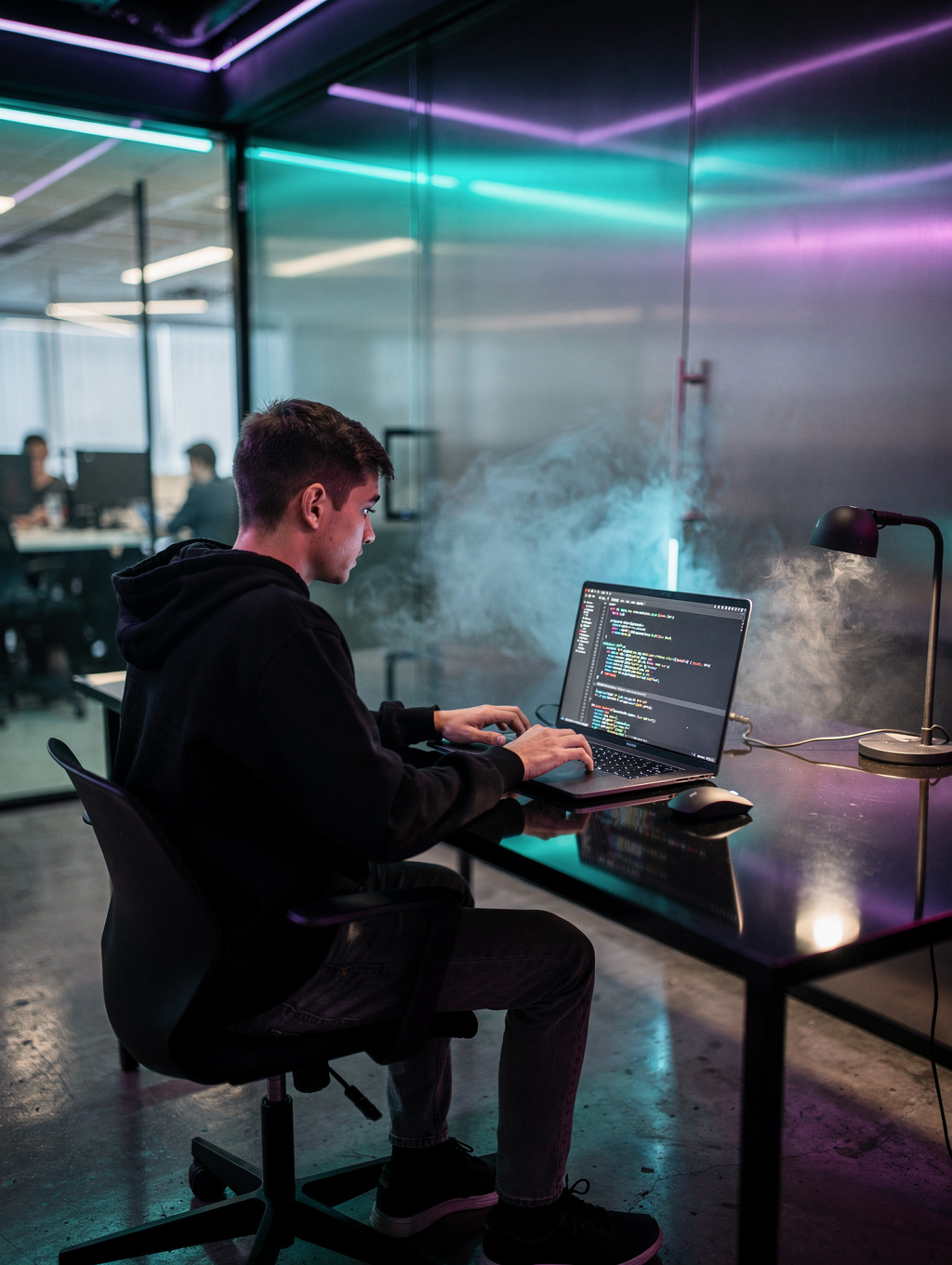 Futuristic holographic interface displaying glowing lines of code