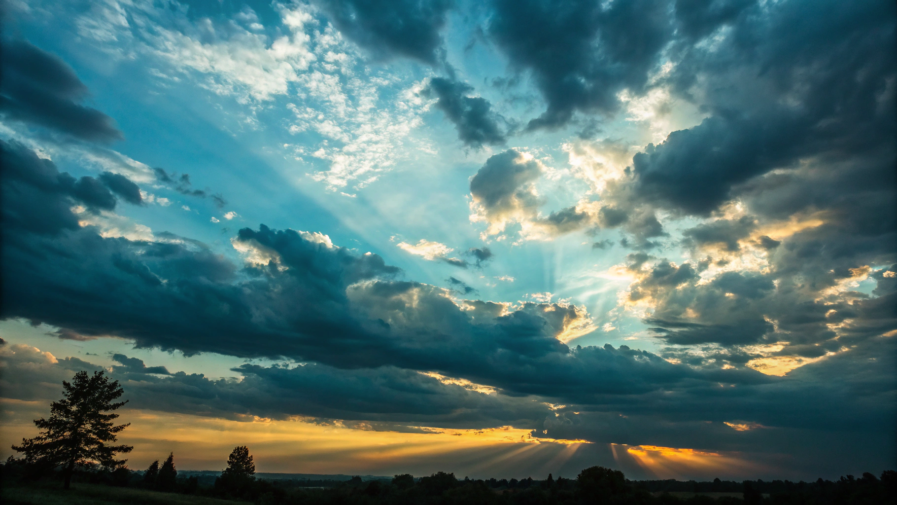 Abstract atmospheric horizon with radiant warm golden light breaking through expansive upward streams, symbolizing transformation and growth